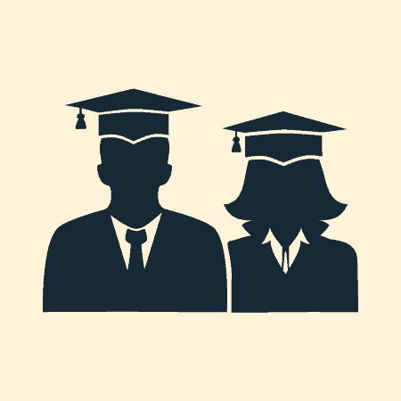 An icon, design element showing a male and a female student wearing mortar boards.