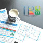 Image showing a cup of coffee next to a floor plan and an energy performance certificate. In the top right is the logo for TP EPC.