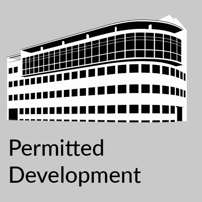 A simple illustration of a commercial building with the words, 'permitted development' written underneath.