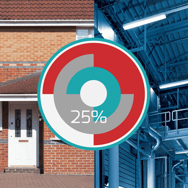 An abastract image that contrasts a commercial building with a residential one.