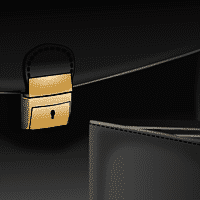 A graphic, design element showing a close-up of a briefcase with a focus on the lock.