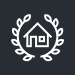 A design element, icon, graphic showing a house inside a wreath style design.