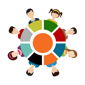 An icon, design element showing a circle with a group of people around the circumference. Graphic represents HMOs.