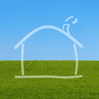 A line drawing of a house set against a green field and a blue sky.