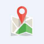 Graphic, design element showing a GPS icon or pin in a map