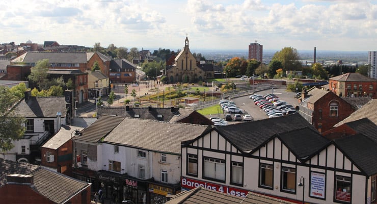 An aerial view of Oldham town centre, Greater Manchester