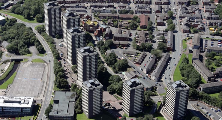 Aerial shot of the 7 Sisters, tower blocks in Rochdale, UK