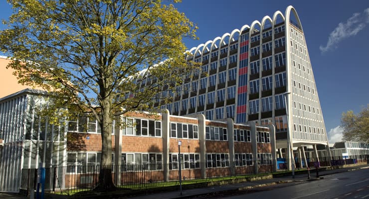 Photo pf the famous Toast Rack building near the Owen's Park student accommodation buildings in Fallowfield, South Manchester