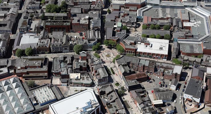 Aerial and birds-eye view of Warrington town centre