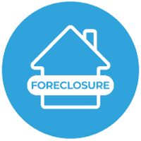 An icon consisting of a blue circle, the image of a house and text which reads, foreclosure.