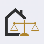 Icon, design element showing a set of scales and a house. Illustration of property law.