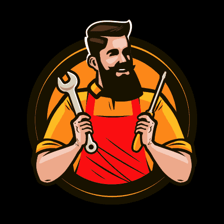 An illustration of a man with a large beard, wearing overalls and holding tools. The image represents property development.