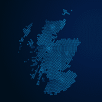 A digital image showing the landmass of Scotland, illustrated by blue dots.