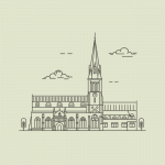 A line drawing of the Cathedral Church of St. Martin in Leicester.