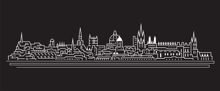 A black and white vector line drawing of the Oxford skyline, with famous landmarks.