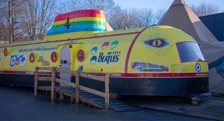 A photograph of the Yellow Submarine Bar in Cains Brewery Village. The bar is created in the image of the famous Yellow Submarine, created by the Beatles