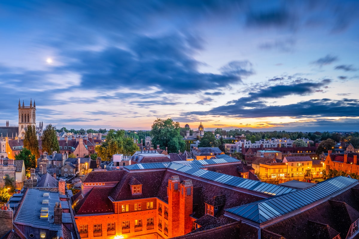 Looking over the roof tops of the Cambridge skyline at sunset.