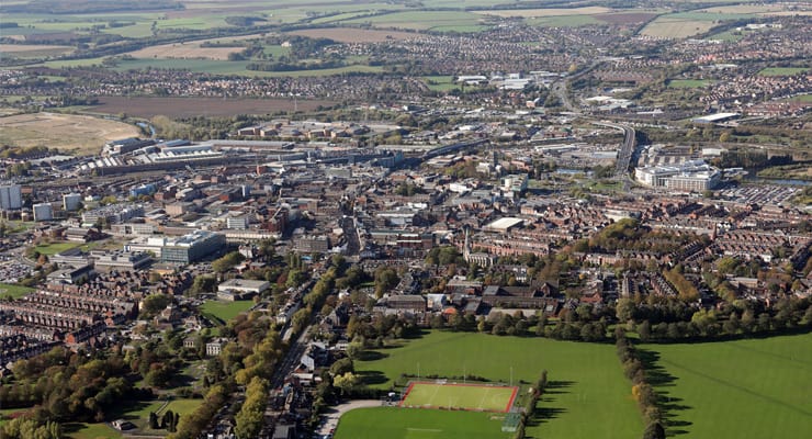 An aerial photograph of Doncaster in South Yorkshire, UK