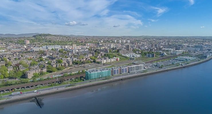 An aerial view of the Dundee waterfront.