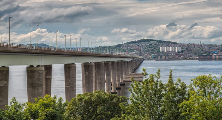 View along the Tay Road Bridge, looking towards the city of Dundee in Scotland.