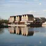 Houses built on a lakeside in Doncaster, South Yorkshire.