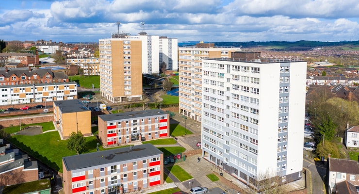 An aerial photograph of jigh rise tower blocks in Stoke-on-Trent, UK