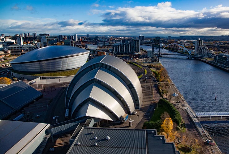 The SEC Armadillo and the SSE Hydro modern buildings on the Clyde river embankment, Glasgow.