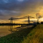 A photograph of the transporter bridge of Middlesbrough at sunset.