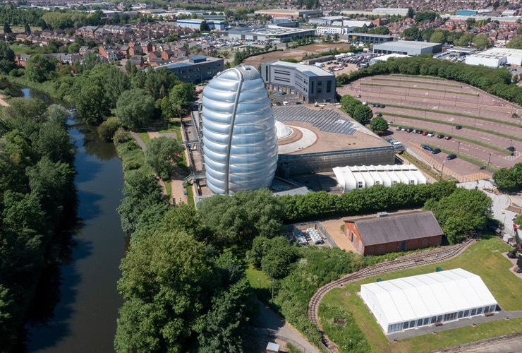 The Space Centre in Leicester next to the River Soar.