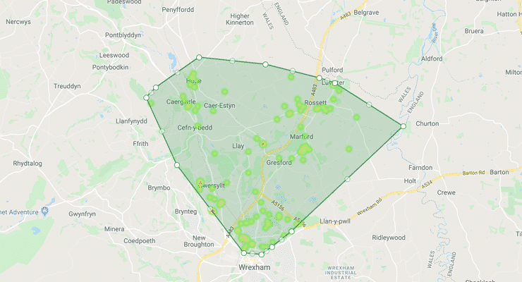 A map of the postcode bounderies of the UK LL12 district