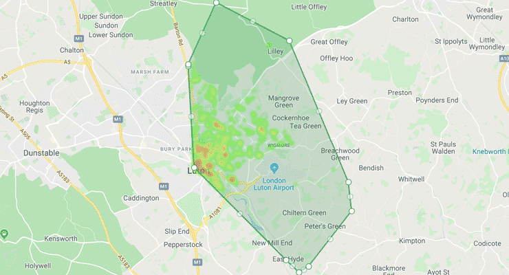 Map showing the bounderies of the LU2 postcode district area