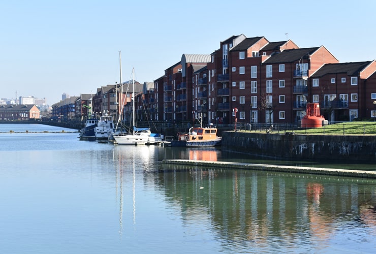 Flats along a waterfront in Riversway, Preston.