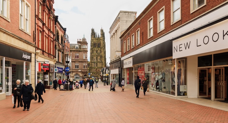 A pedestrianised shopping street in Wrexham town centre.