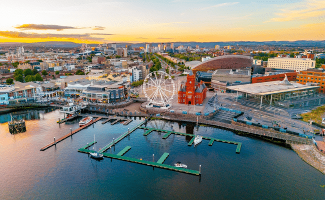 A sunset aerial view of the city of Cardiff in Wales