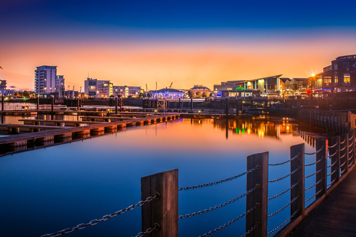 Cardiff Bay as the sun sets.