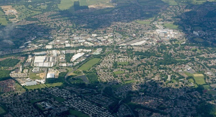 A high-up aerial view of Bracknell, UK