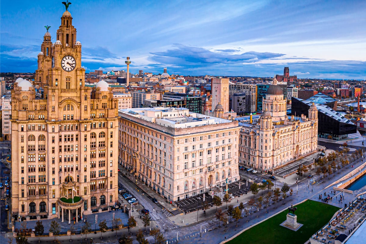 Aerial view of Liverpool with the Cunard Building at the centre of the image.