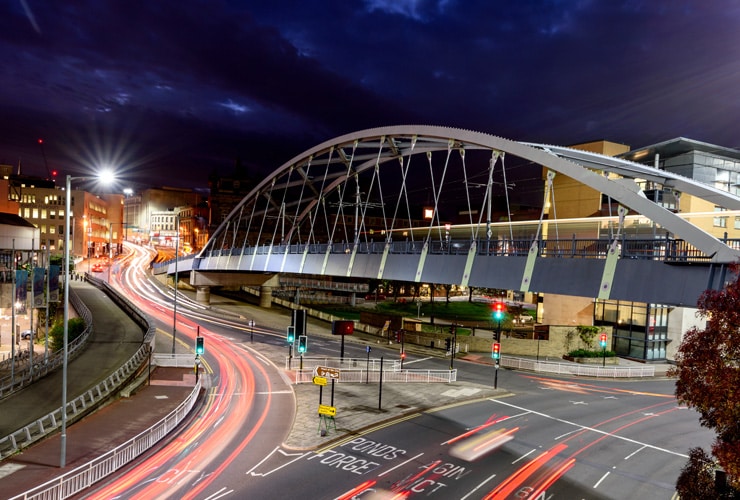 Park Square Bridge in Sheffield at night.