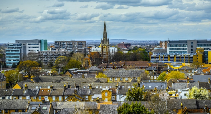 Aerial view showing the rooftops of Slough