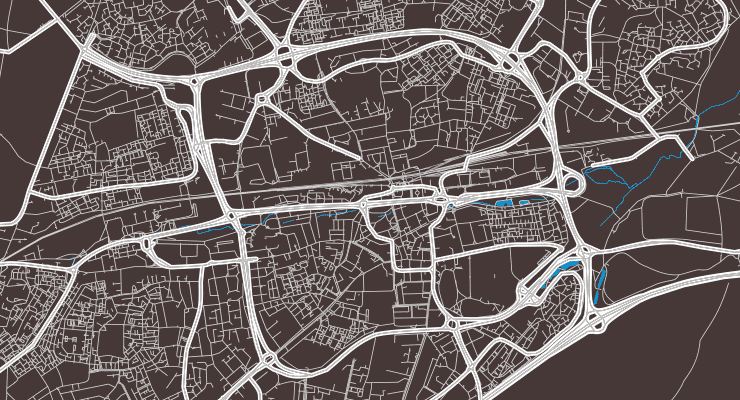 Bright vector map of the Town of Basingstoke, England with fine tuning between road and water.