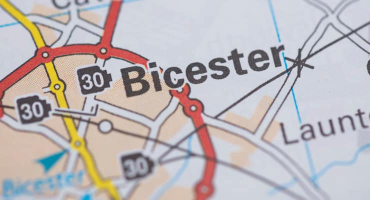 A road map showing the location of Bicester, Oxfordshire