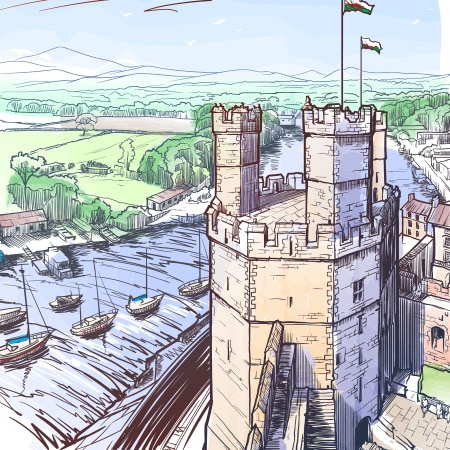 A sketch (pencil style) drawing of Caernarfon, including the castle.