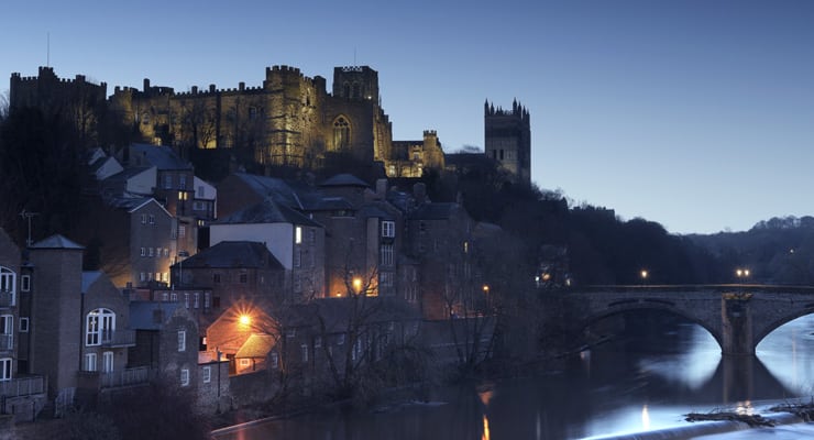 Durham just before sunrise. The Castle, Cathedral, Framwellgate Bridge and River Wear are visible.