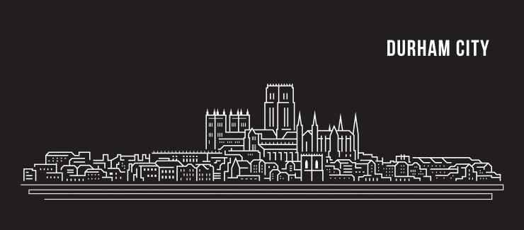 Balck and white vector line drawing of the Durham skyline including famous landmarks.