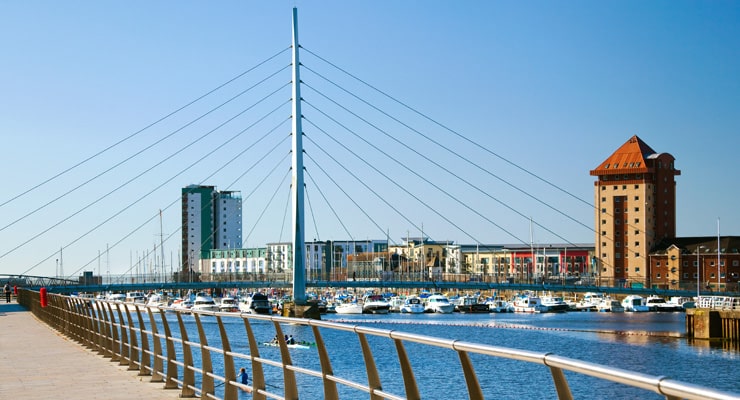 Photograph over the Millennium Foot Bridge, SA1 Area, Swansea Marina on a summer day
