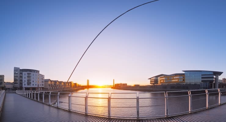 Panoramic photograph of the Millennium Footbridge at sunset. Newport, Wales.