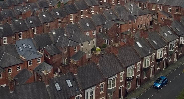 Aerial photograph of old brick houses in Durham