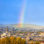 Photograph of a rainbow over the city of Bath in Somerset.