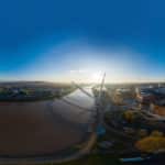 Sunrise over Newport city centre and the River Usk.