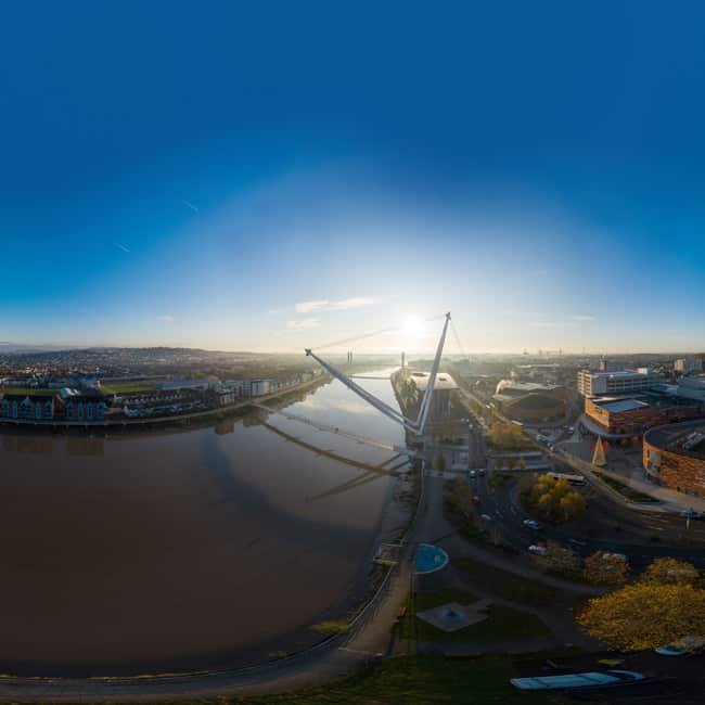 Sunrise over Newport city centre and the River Usk